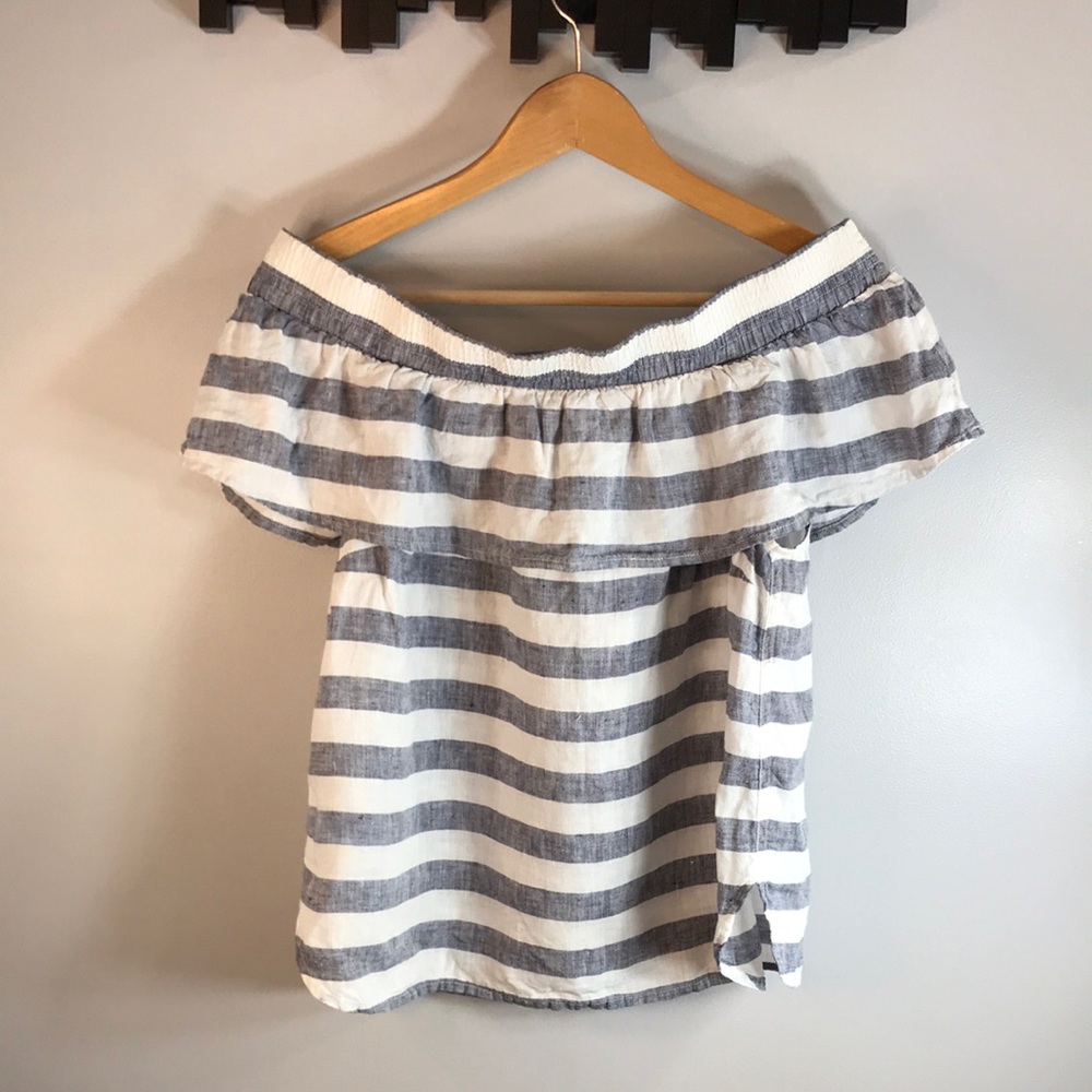 Saks Fifth Avenue Navy and White Off-Shoulder Blouse